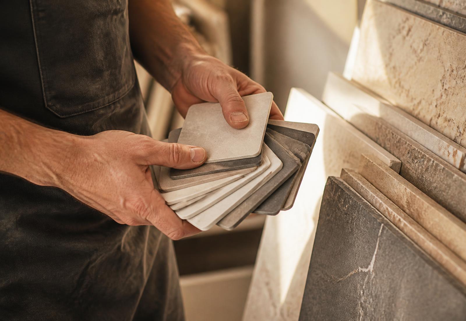 Mani di un artigiano che scelgono un campione di ceramica nello showroom Dissegna in provincia di Vicenza