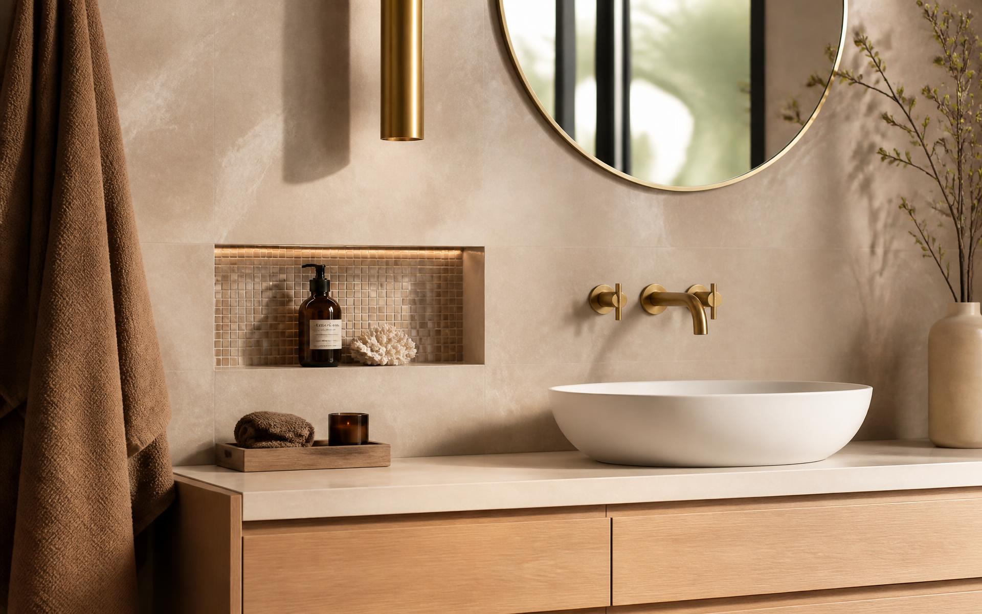 Bagno di design con rivestimenti in gres e rubinetteria in ottone nello showroom Dissegna di Romano d'Ezzelino