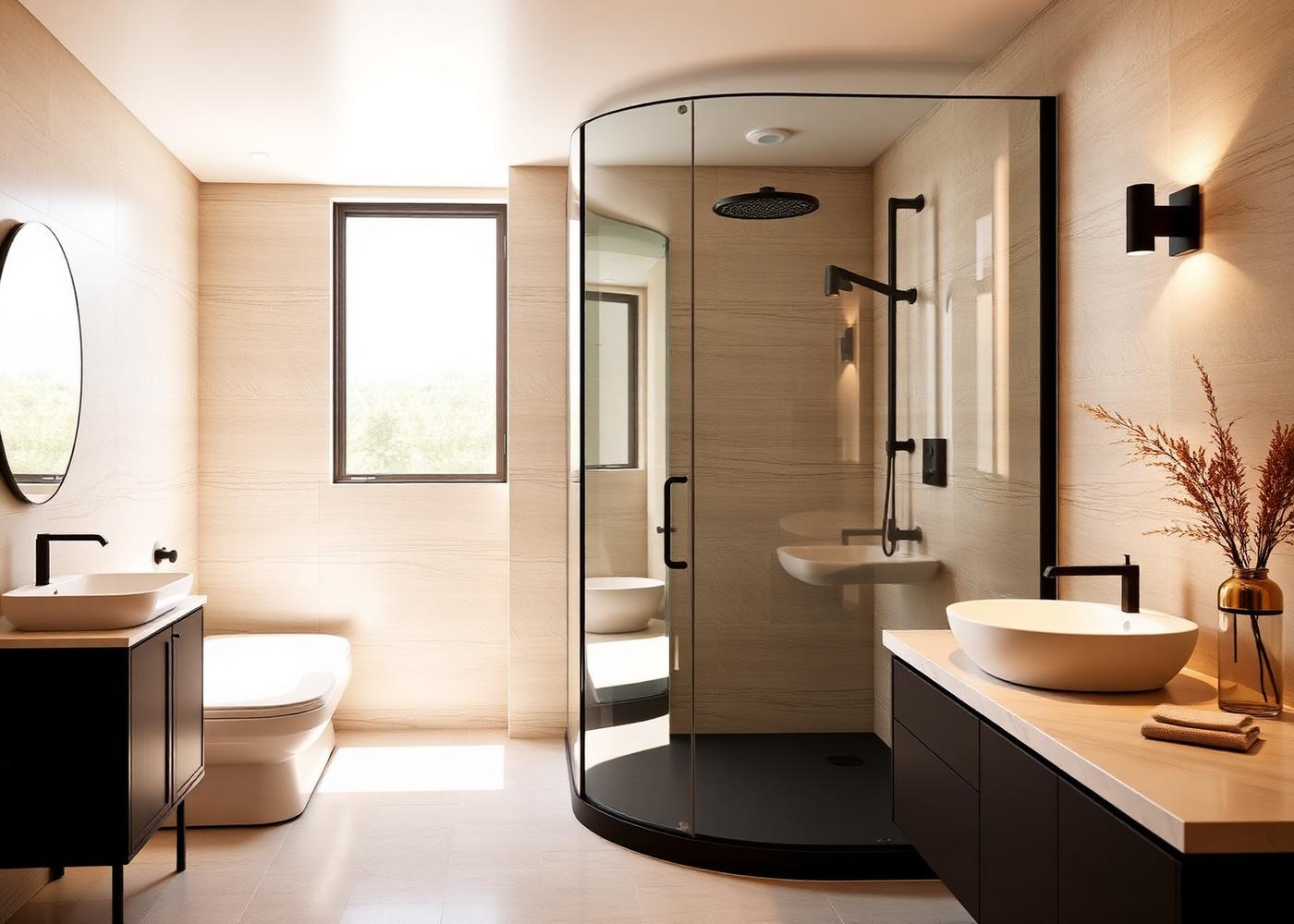 Bagno padronale con doccia walk-in in grande lastra effetto pietra realizzato a Bassano del Grappa