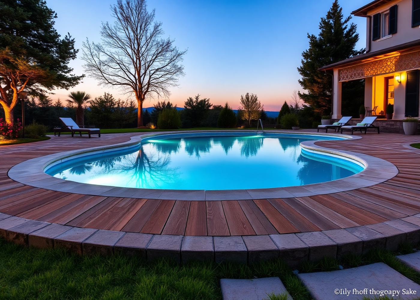 Bordo piscina in pietra naturale con pavimentazione antiscivolo in una villa del Veneto