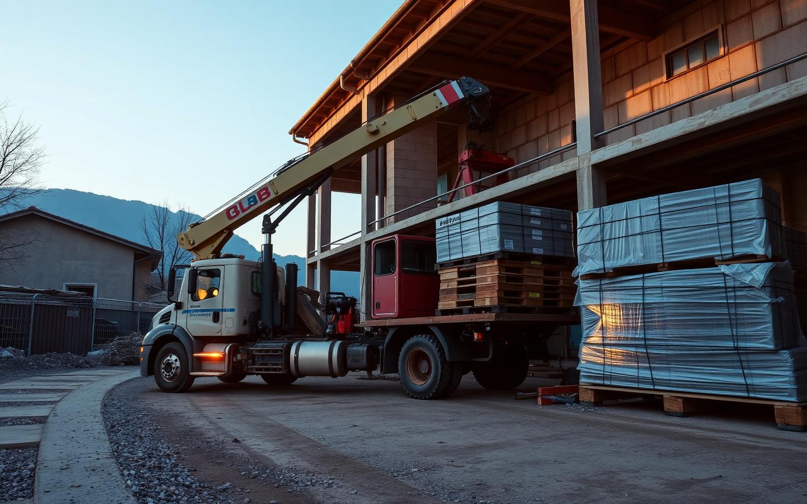 Camion con gru che scarica pallet di materiali edili in un cantiere a Bassano del Grappa